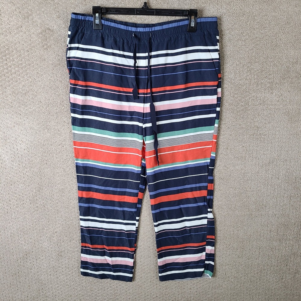 Ann Taylor‎ LOFT Pants Womens Medium Blue Pink Striped Rayon Cropped Drawstring